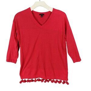 Talbots Red Boho Airy VNeck 3/4 Sleeve Tassel Hem Knit Sweater Womens Medium